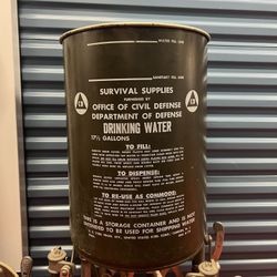 17.5 Gallon Empty Metal Barrel Labeled Civil Defense Department Drinking Water