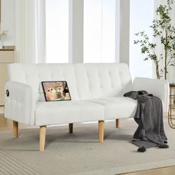 65" Convertible Faux Leather Futon Sofa Bed, Modern Upholstered Couch with USB, Folding Loveseat for Small Space, Apartment, White  【Compa