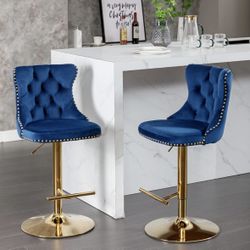 Bar Stool Set Of 2 Blue/Gold Modern Upholstered 