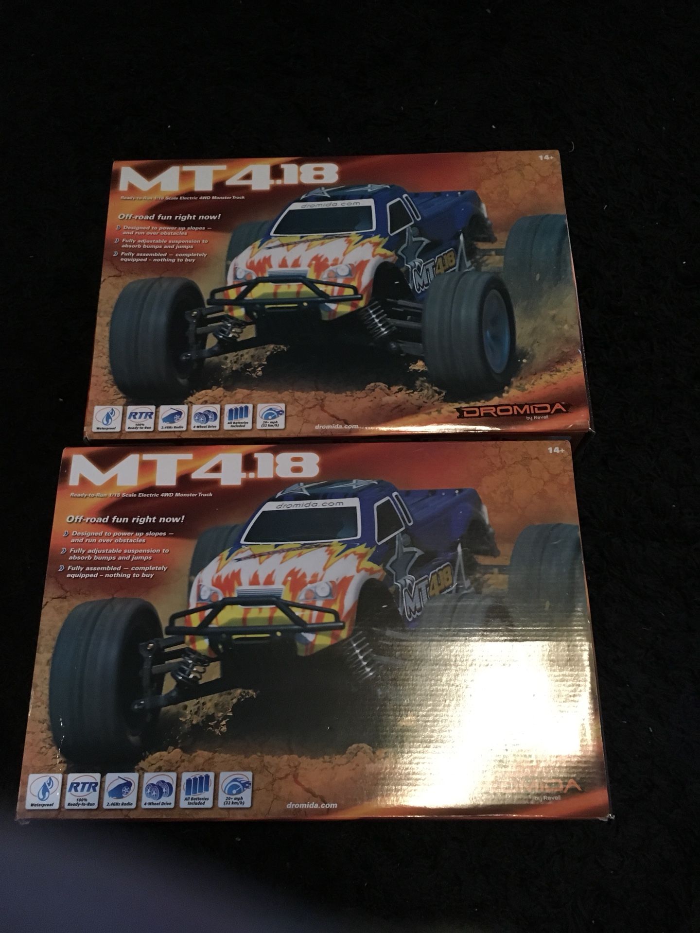 2 RC Cars Dromida MT4.18 trucks brushless upgrade. Many extra parts