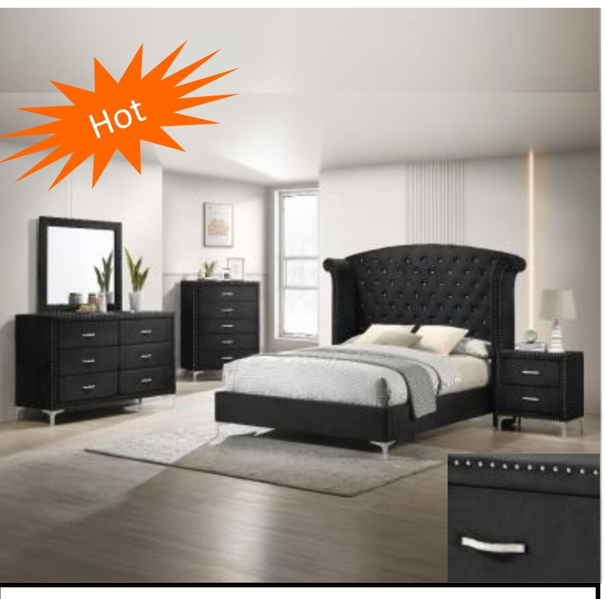 4 Pc Bedroom set DresserMirror Nightstand (1) Queen size bed frame Not including Mattress and Box Sp