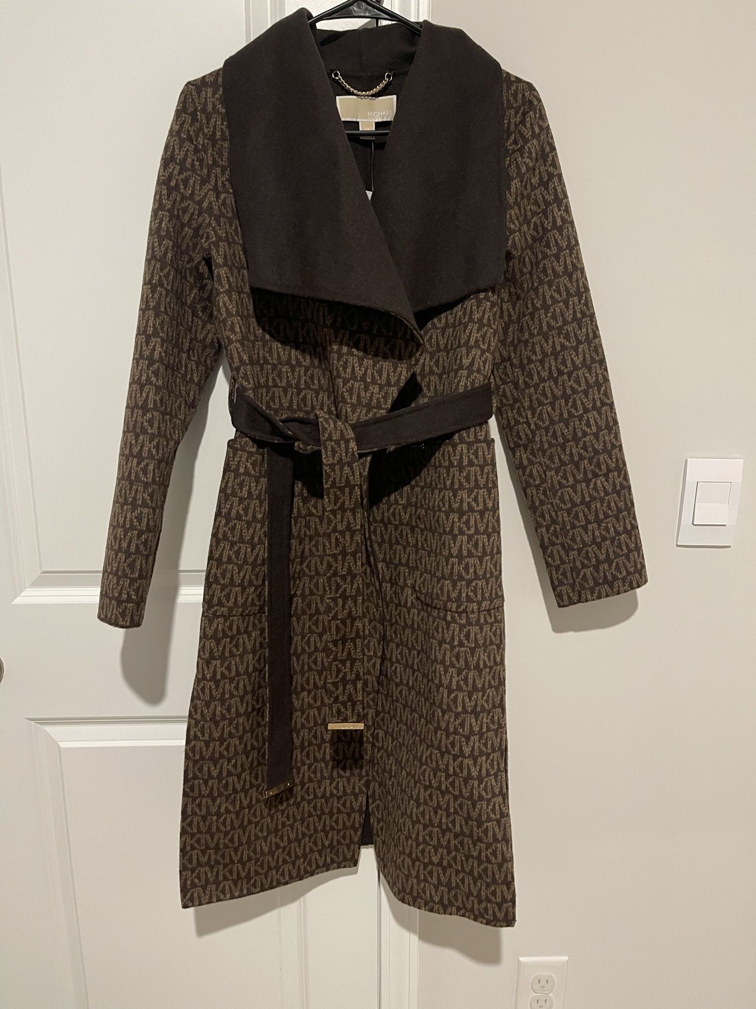 Michael Kors Wool Blend Logo Jacquard Wrap Coat-Chocolate Logo