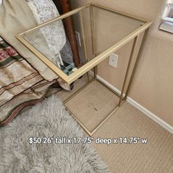 Velvet Setee, Hanging Mirror, 65" Panasonic TV, End Table, nightstand