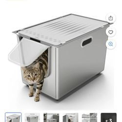 Ptlom Flip Top Stainless Steel Litter Box Large Litter Box with Lid High-Sided One-Piece Litter pan