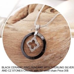 BLACK CERAMIC RING PENDANT WITH STERLING SILVER AND CZ STONES CROSS. with 18" silver chain.