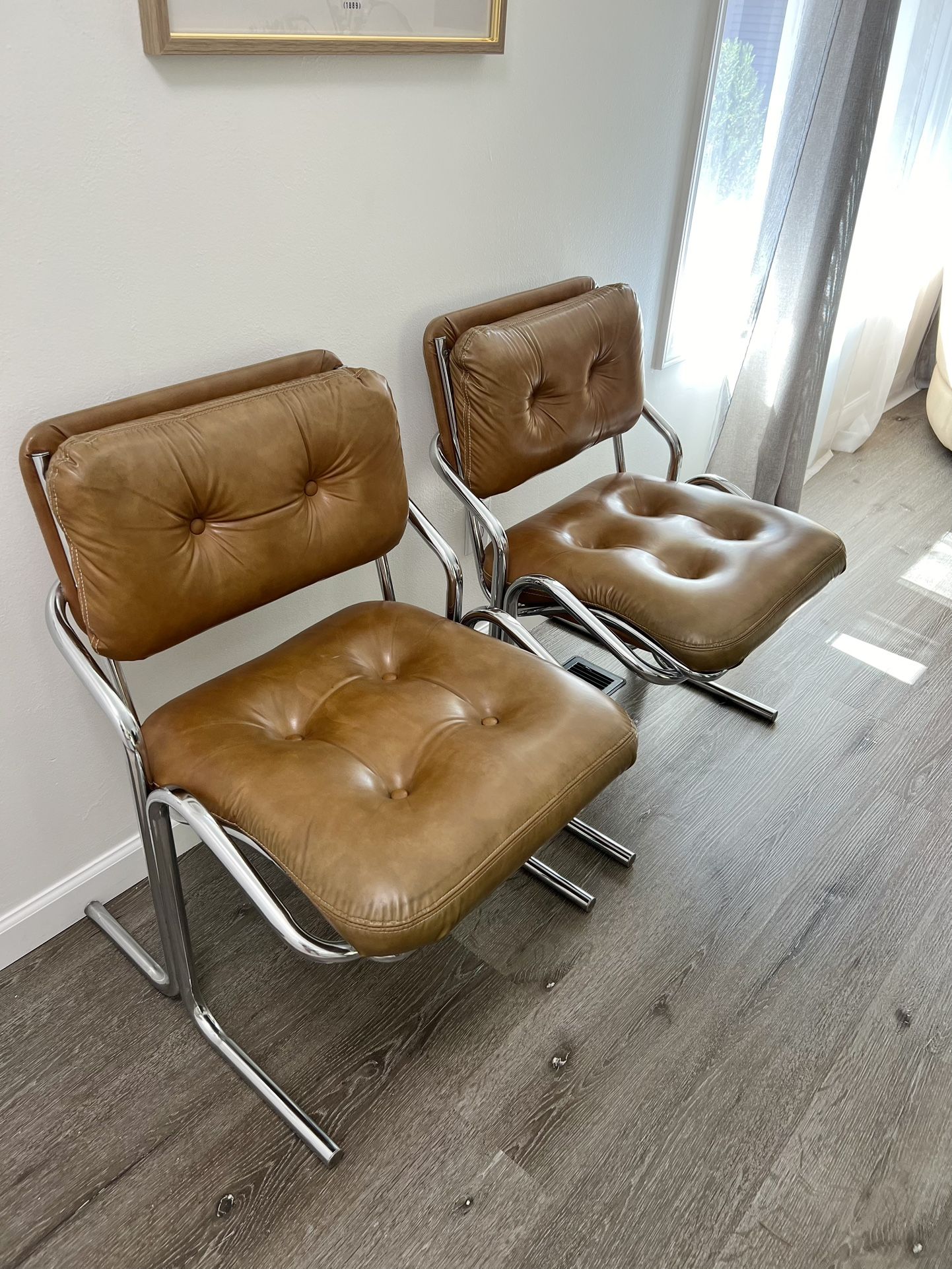 Mid Century Modern Jerry Johnson Vintage Tubular Chrome & Camel Brown Leather Chair - Set of 2