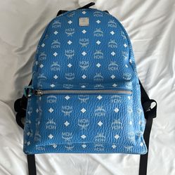 MCM Stark Backpack White Logo Visetos T Blue Limited Release W/  Dust Bag