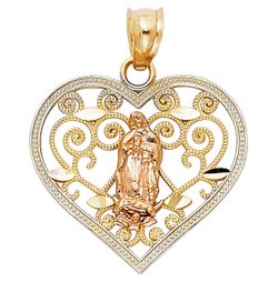 Beautiful Elegant heart inside Guadalupe (Virgin Mary) religious pendant 14K REAL YELLOW, WHITE & ROSE GOLD. Description⬇️