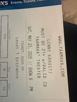 LENNY KRAVITZ TICKET FOR SALE YAAMAVA TONIGHR