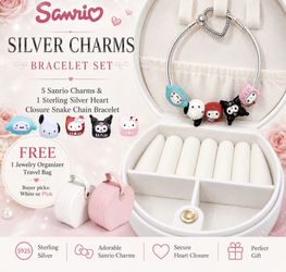 Sterling Silver Heart Closure Snake Chain Bracelet & Silver Sanrio Charms w/box