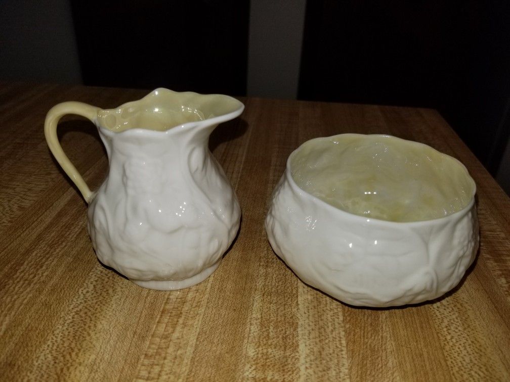 Vintage Belleek Lotus Creamer, Sugar Bowl, Salt Cellar Set Yellow Lustre - Ireland
