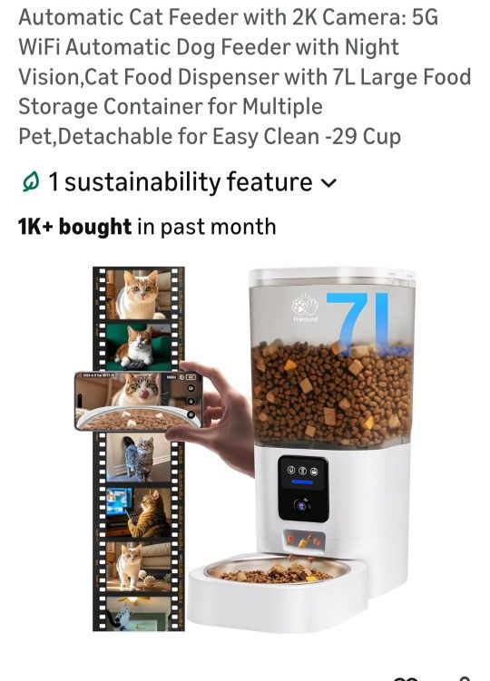 Automatic Cat Or Dog Feeder With 2k Camera, 5G WiFi, Night Vision, 7 Liter, Dual Power- New In Box