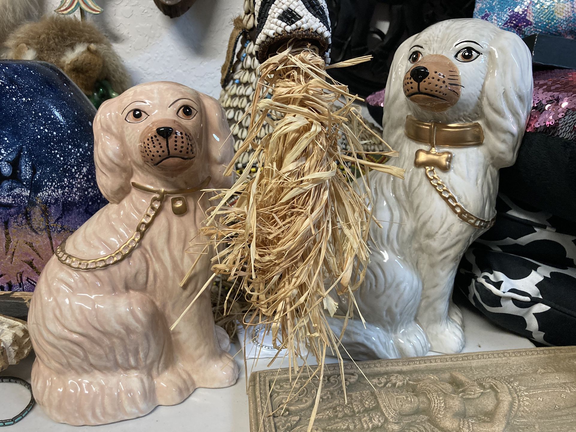 2 Staffordshire England Style Dog Statues. Antique Vintage Look. 1 Brown & 1 Tan Both Like New. Set Of 2