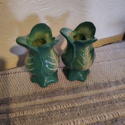 Pair Of Vintage Candle Holders Green Ceramic Glaze
