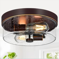 Flush Mount Ceiling Light Fixtures, 2-Light Oil Rubbed Bronze Ceiling Mount for Farmhouse with Seeded Glass Lampshade, Industrial Flush Mount Light Fi