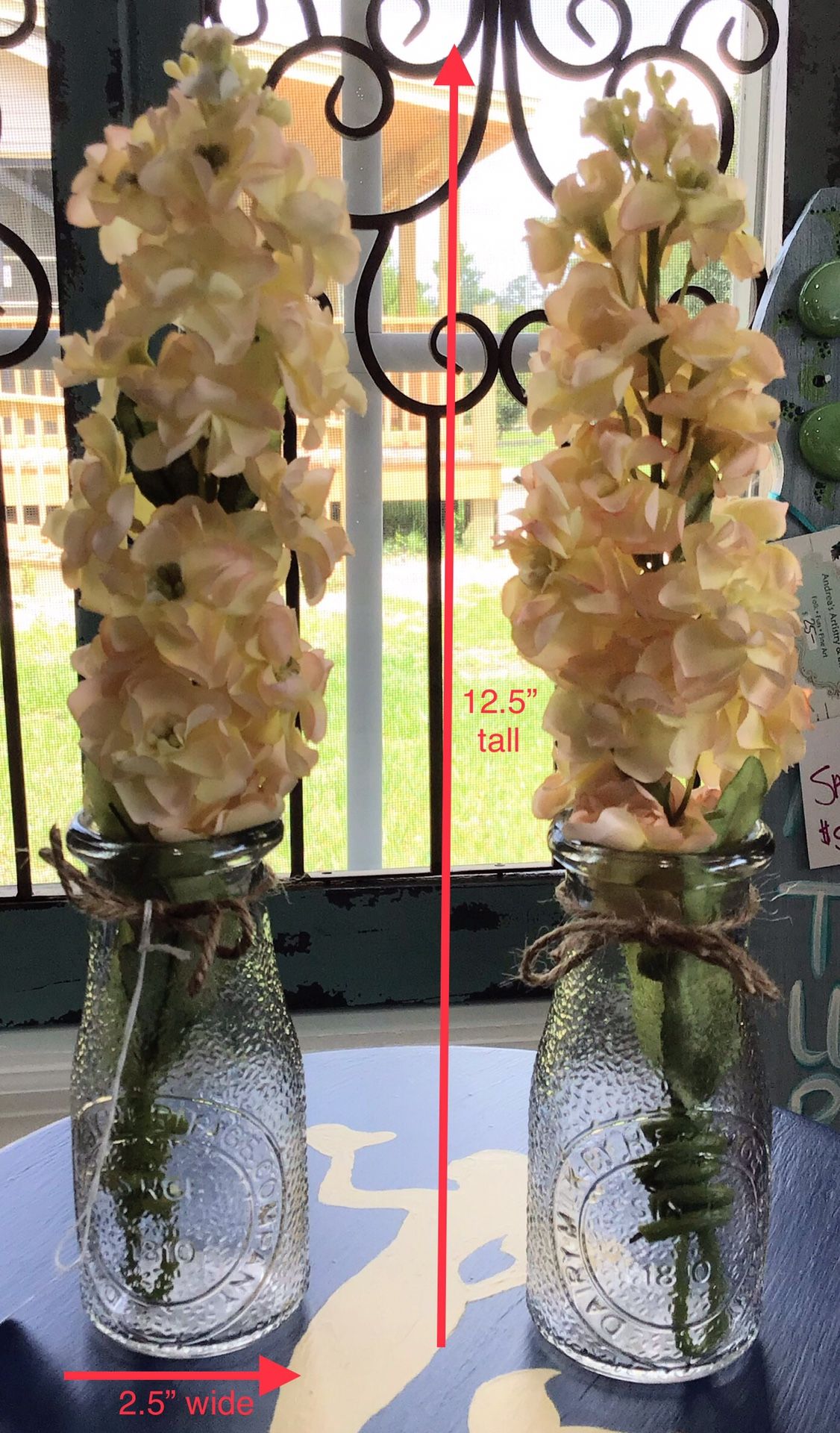 Pair of Dairy Milk by Heritage Company Textured Glass Bottles with Silk Pale Yellow Flowers
