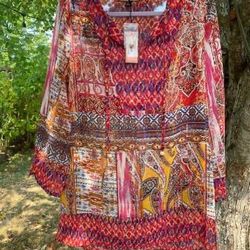NWT Olive Hill Women's Size L Sheer Tunic Blouse Top Multicolor Size Large 