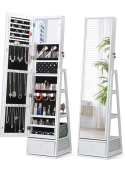 Nicetree 360° Swivel Jewelry Cabinet with Lights, Grain White