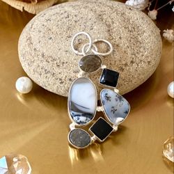 Dendrite, Onyx, Druzy And Topaz 925 Sterling Silver Overlay Pendant