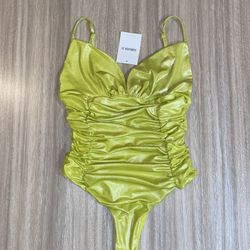 New Forever 21 Bodysuit Medium Metallic Acid Green Shimmery Thong Sweetheart  