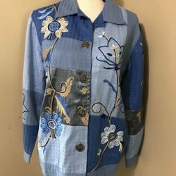 QVC Indigo Moon Blue Floral Embroidered Button Front Jacket Blazer Women's Sz XS