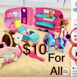 $10 Barbie Club Chelsea Camper & accessories plus a Aurora Purse Plushie all included