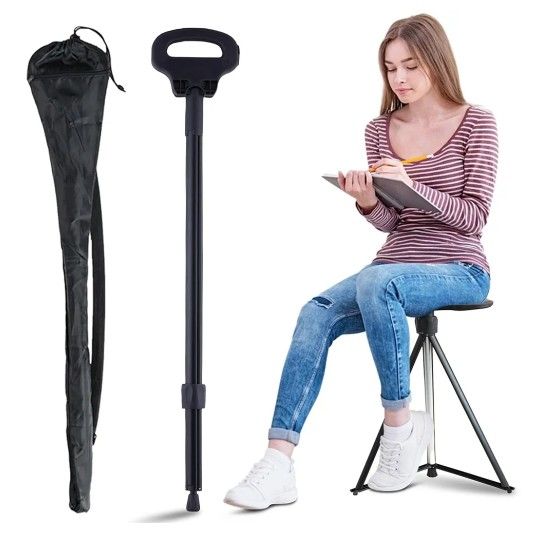 1579: ALEVMOOM Walking Cane with Seat Folding Lightweight, Cane Stool for Adults, Aluminum Walking Chair Capacity 330lb Portable Seat for Senior
