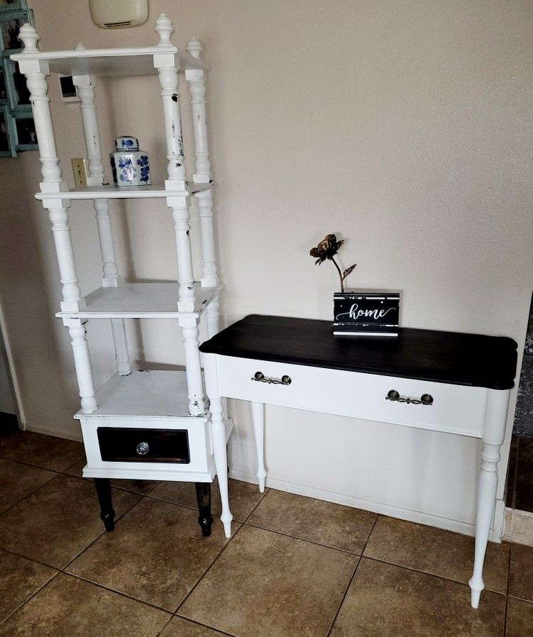 Gorgeous All White Vintage Distressed Book Case / Shelves & Entryway Table Desk - Sold together or Separately ! DELIVERY AVAILABLE !