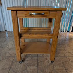 🍷 Rolling Pine Kitchen Cart with Drawer & Wine Rack