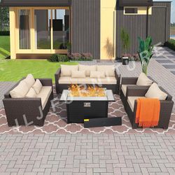 NEW🔥Outdoor Patio Furniture Set Brown Wicker Beige Cushions 45" Firepit ASSEMBLED