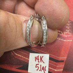14K Solid White Gold Hoops For Wedding NATURAL DIAMONDS STONES 5.1Gr