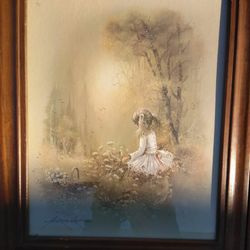 Rare Andreas Orpinas Vintage LithographicPrint“Girl Picking Flowers”in WoodFrame