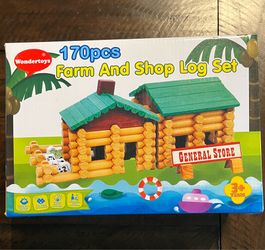 Wondertoys 170 Pieces Wood Building Logs Farm and Shop Set Ages 3+