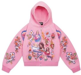 Pink Graphic Zip-Up Hoodie Religious Print