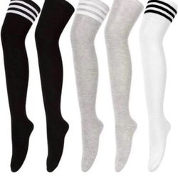 (5 pairs) Womens Thigh High Socks Over the Knee High Striped Stocking Boot Leg