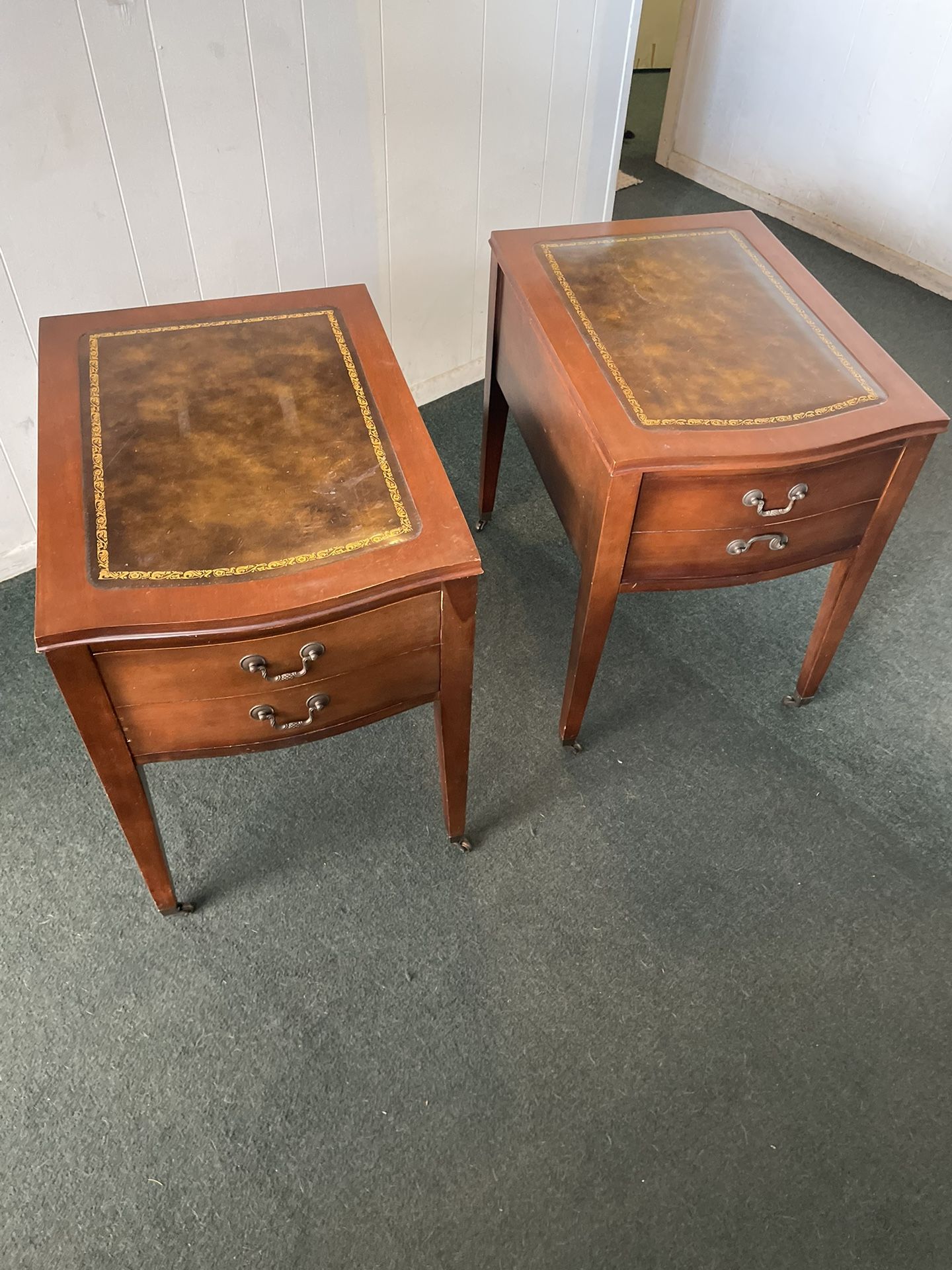 1930 Era Antique Rolling Side Tables Leather Inlay