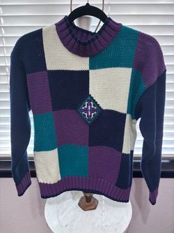 Vintage Knit Sweater Size Small Purple Teal Navy 90s Style