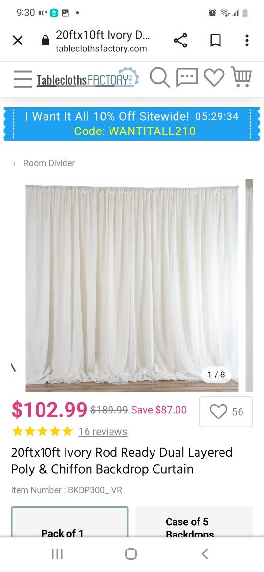 IvORY chiffon Curtain 10 Ft X 20 Ft