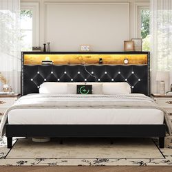 King Size Bed Frame with LED Lights and Storage Headboard, Velvet Upholstered Bed Frame King with Charging Station, Modern Diamond and Rivet Design, N
