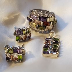 Pretty 925 Gemstones Set / Ring (7) / 3/8" Earrings / 3/4" Pendant