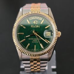 VTG Elgin President FC427 Green Sunburst Dial Day Date Watch For Parts Or Repair