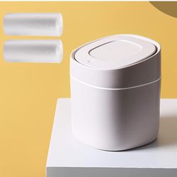 Plastic Mini Trash Can with Lid - 2 L Pop Up Wastebasket for Bathroom Vanity, Desktop, Tabletop or Coffee Table - Dispose of Cotton Rounds, Makeup Spo