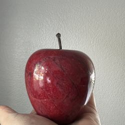 Red Marble Apple Alabaster Stone Paperweight Teacher Gift 3.5" Tall Brown Stem