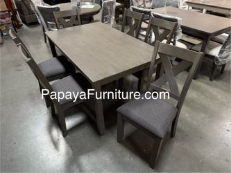 New! 7pcs Dining Set, Grey Dining Table And Chairs, Table, Chairs, Dinette Set,  Casual Dining Table, Kitchen Table Set,Rectangular Table, Chairs