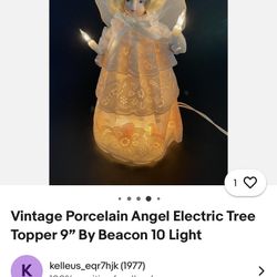 Vintage Porcelain Angel Electric Tree Topper 9” By Beacon 10 Light