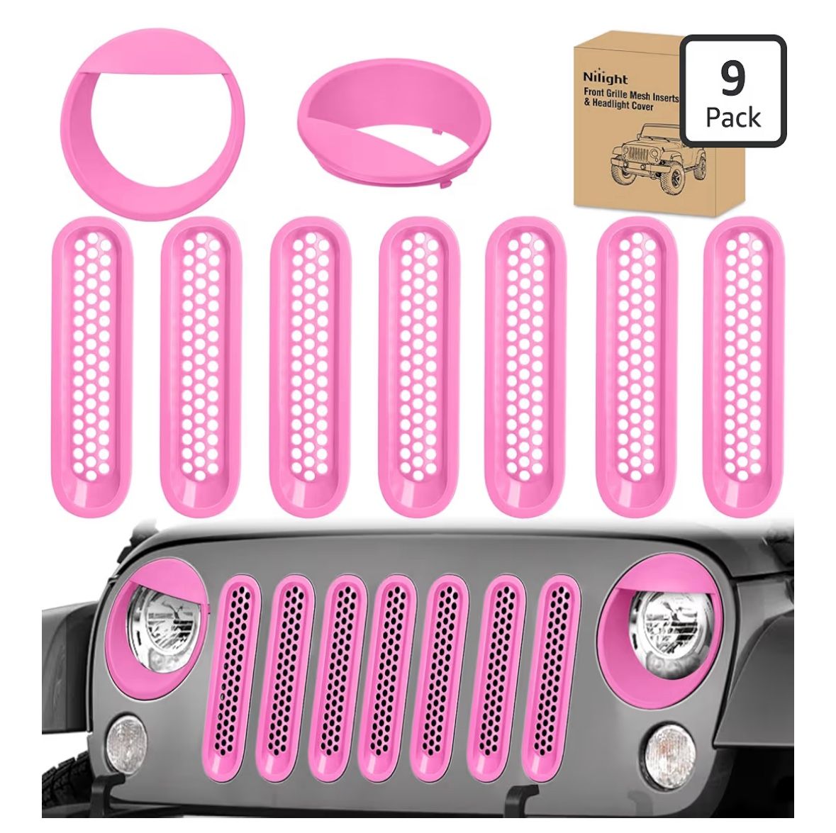 Pink Jeep Wrangler Clip in Grille Inserts Headlight Cover Set for JK JKU Unlimited Sports 07-18 9pc