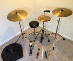 In Upland 91784. Drum set complete cymbals& hardware Vintage Zildjian Avedis 21” ride 17” hollow logo crash 14” Sabian B8 pro HH PDP  throne stands SK