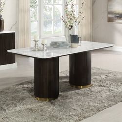 Marble Dining Table With Espresso Wood Fluted Double Pedestals W/ Gold Accent