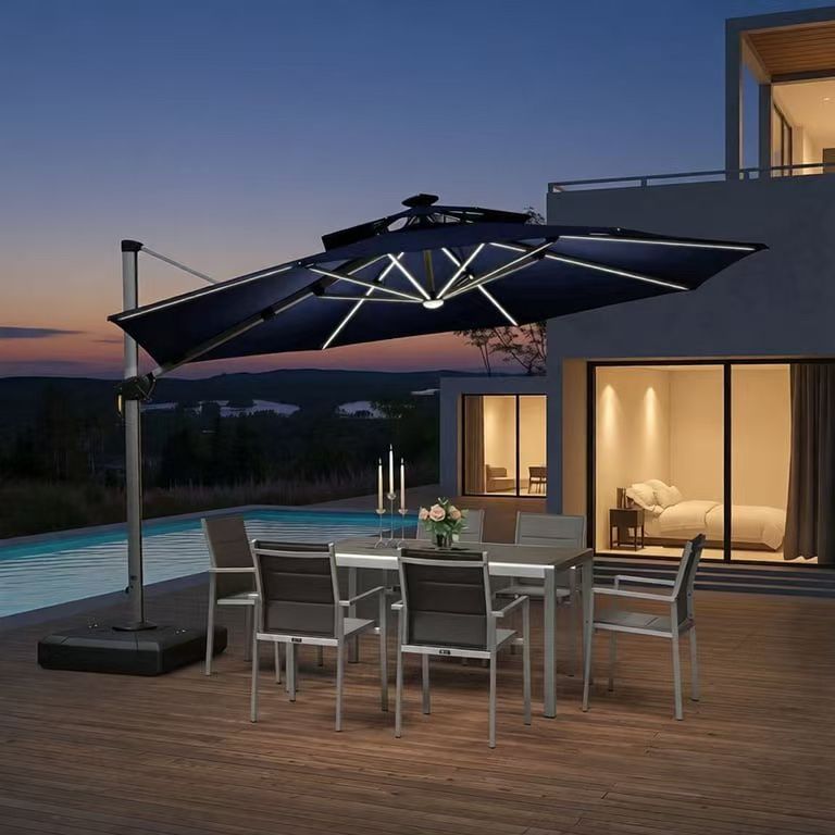 12 Feet Cantilever Umbrella Large Round Umbrella Outdoor Umbrellas Offset Sun Umbrellas Patio Umbrella with Base and Solar Lights