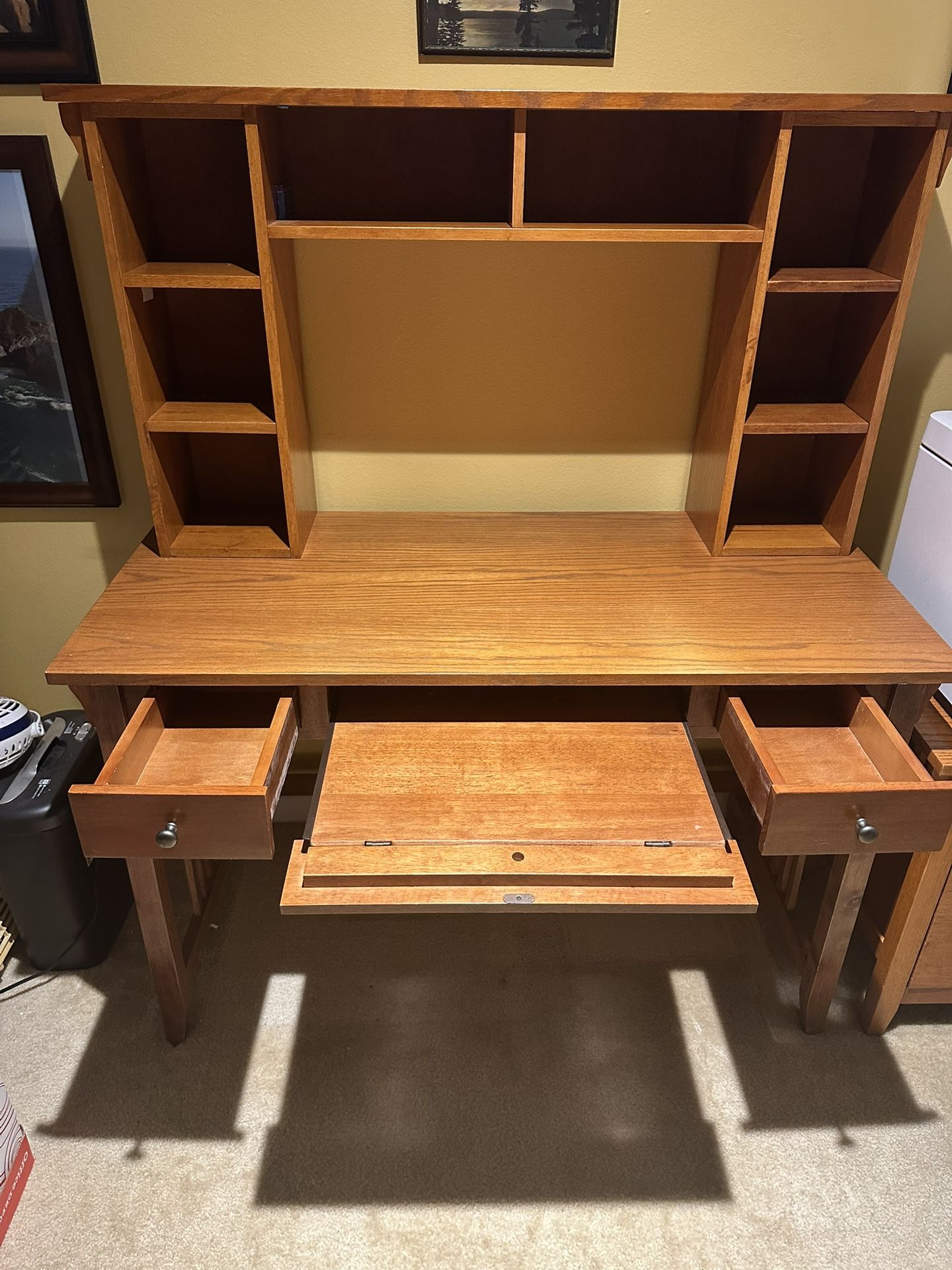 $200 OAK AND OAK VENEER DESK W/UPPER CUBBIES (unattached/2pcs) & MATCHING PRINTER STAND/FILING CABINET